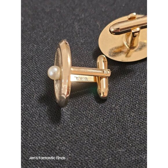 Hickok Mens Gold-Tone & Faux Pearl Oval Cufflinks U.S.A. Made - Picture 4 of 7